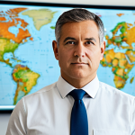 A professional risk management expert in a modest business suit, fully clothed, with appropriate attire and professional dress, standing confidently in a modern, brightly lit global corporate office. Subtle abstract visual cues of cybersecurity networks and world maps are visible in the background, symbolizing interconnected global risks. The expert has a thoughtful, focused expression, looking directly at the viewer. Professional photography, high-resolution, natural lighting, perfect anatomy, correct proportions, natural pose, well-formed hands, proper finger count, natural body proportions, safe for work, appropriate content, family-friendly.