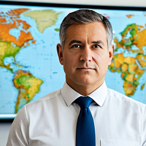 A professional risk management expert in a modest business suit, fully clothed, with appropriate attire and professional dress, standing confidently in a modern, brightly lit global corporate office. Subtle abstract visual cues of cybersecurity networks and world maps are visible in the background, symbolizing interconnected global risks. The expert has a thoughtful, focused expression, looking directly at the viewer. Professional photography, high-resolution, natural lighting, perfect anatomy, correct proportions, natural pose, well-formed hands, proper finger count, natural body proportions, safe for work, appropriate content, family-friendly.
