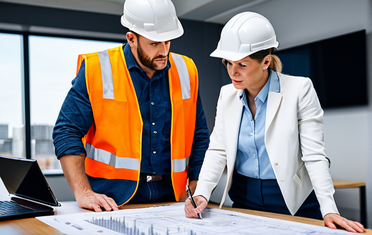 위험관리기술자와 건설안전의 공통점과 차이점 - **

"Construction site teamwork: A safety manager wearing a hard hat and vest collaborates with a ri...