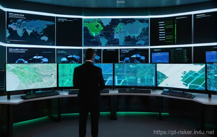 위험관리기술자와 공공안전의 접점 - Cybersecurity Command Center in Lisbon**
"A highly detailed, cinematic wide shot of a futuristic cy...