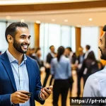 Home 21 위험관리 분야 네트워킹 방법 - A professional networking event in a modern São Paulo conference center, featuring diverse business ...