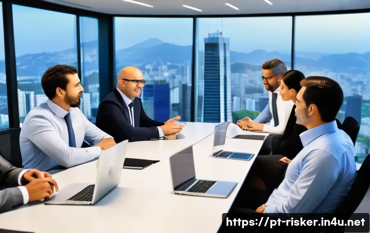 위험관리기술자 직무에 필요한 자격증 조합 - A professional Brazilian office environment showing a diverse group of business people in formal att...