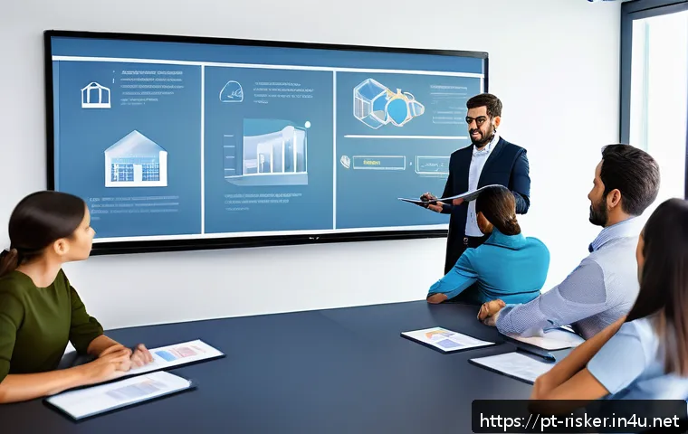 위험관리기술자의 강의 및 교육 프로그램 운영 - A modern corporate training room with diverse adult professionals engaged in a collaborative problem...