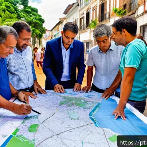 Home 17 위험관리기술자와 재난대응 시나리오 작성 - A detailed urban disaster risk mapping scene in a Brazilian city, showing professionals collaboratin...