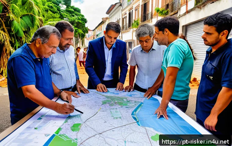 위험관리기술자와 재난대응 시나리오 작성 - A detailed urban disaster risk mapping scene in a Brazilian city, showing professionals collaboratin...