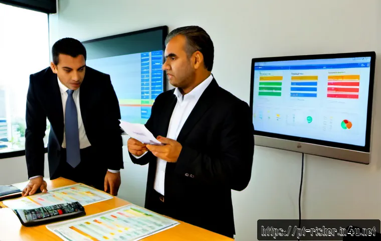 위험관리 보고서 작성법 - Photorealistic corporate risk management report preparation in a modern São Paulo office, Brazilian ...